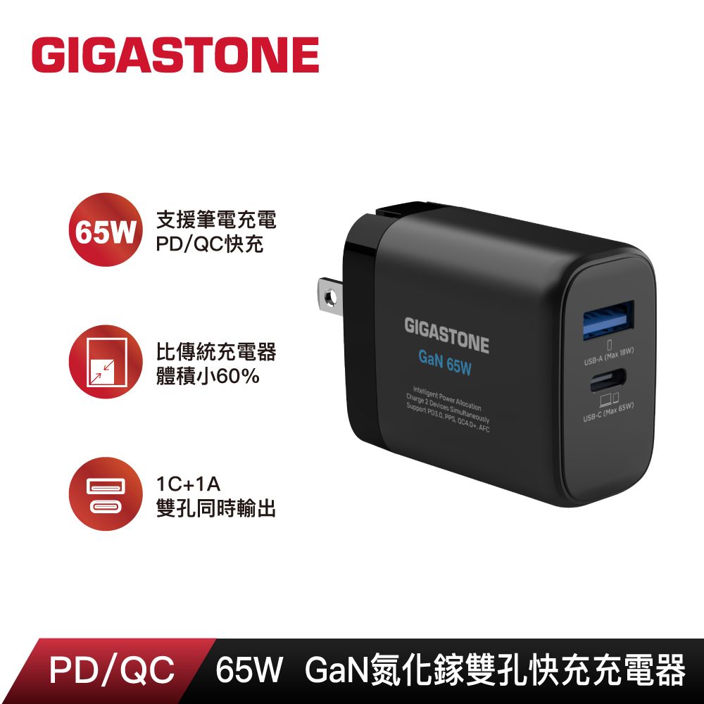 Gigastone 立達  65W GaN氮化鎵雙孔USB-C+A PD快充充電器(支援iPhone16/MacBook/筆電快充)