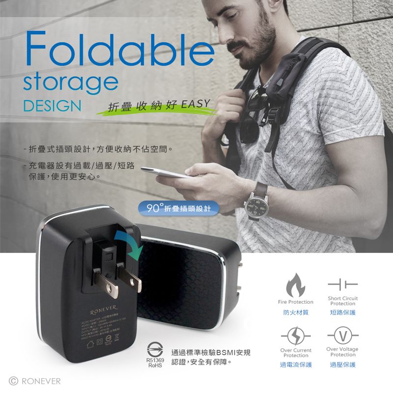 FoldablestorageDESIGN折疊收納好EASY-折疊式插頭設計方便收納不空間。充電器設有過載/過壓/短路保護,使用更安心。RONEERRONEVER 90折疊插頭設計Fire Protection防火材質Over CurrentProtectionShort CircuitProtection短路保護VOver VoltageProtection通過標準檢驗BSMI安規R51369 認證,安全有保障。過電流保護