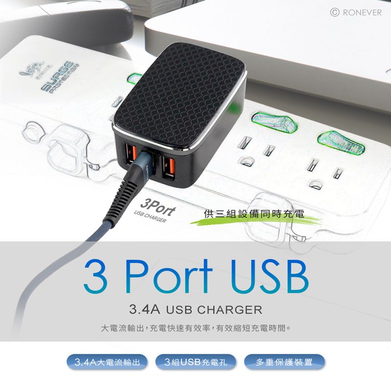 SURGE3Port供三組設備同時充電USB CHARGER3 Port USB3.4A USB CHARGER大電流輸出,充電快速有效率,有效縮短充電時間。3.4A大電流輸出3組USB充電孔多重保護裝置CRONEVER