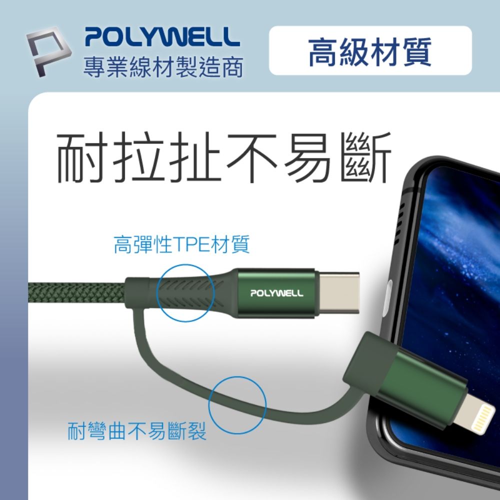 POLYWELL 寶利威爾 二合一充電線快充組 20W快充頭+二合一編織快充線 1M