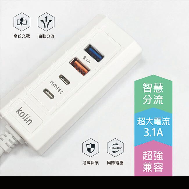 高效充電 自動分流kolinPD/TYPE-C3.1A100-240V過載保護國際電壓智慧分流|超大電流|3.1A超強兼容