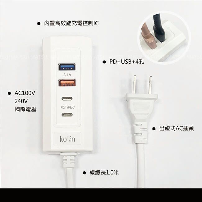 AC100V240V 高效能充電控制IC3.1A PD+USB+4孔國際電壓PDTYPE-Ckolin 線總長1.0米 出線式AC插頭