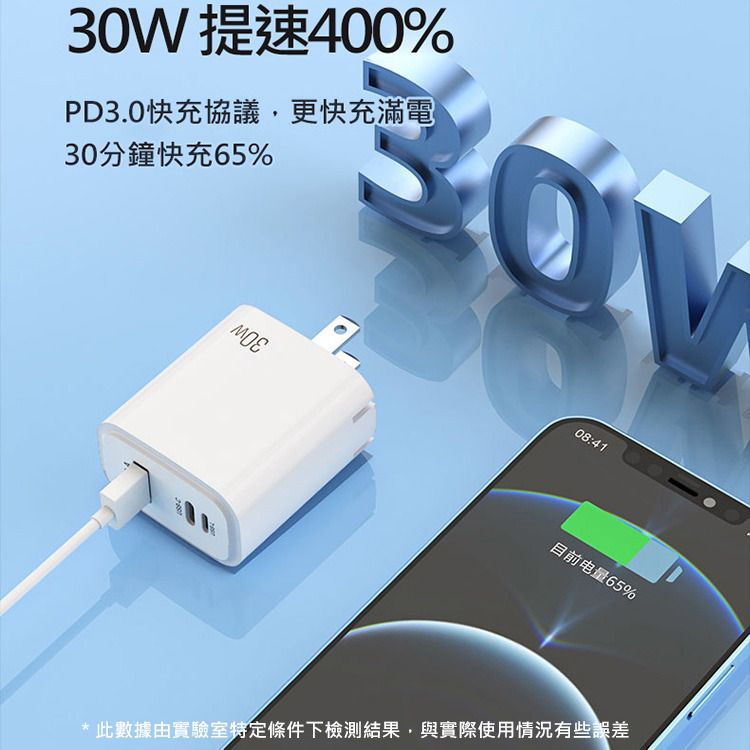  30W PD反向快速充電器 3孔(USB/Type-C/Lightning 8pin)旅充頭 for iPhone 14/13/12/11/XS/X/8系列