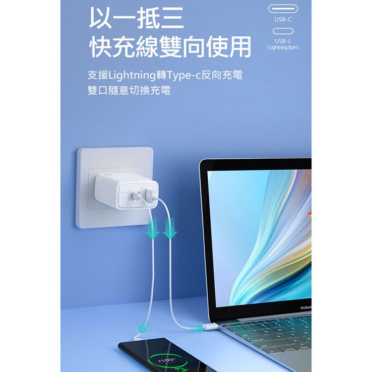  30W PD反向快速充電器 3孔(USB/Type-C/Lightning 8pin)旅充頭 for iPhone 14/13/12/11/XS/X/8系列