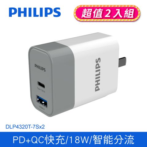 PHILIPS 飛利浦 PD+QC 18W 2孔充電器 DLP4320T-7S