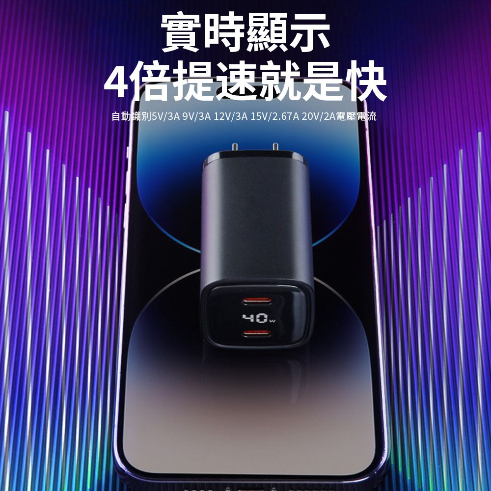 Sily Type-C數顯雙孔充電器 40WGaN氮化鎵充電頭 PD充電器 快充頭豆腐頭 支援iPhone16 pro/安卓手機 新年禮物