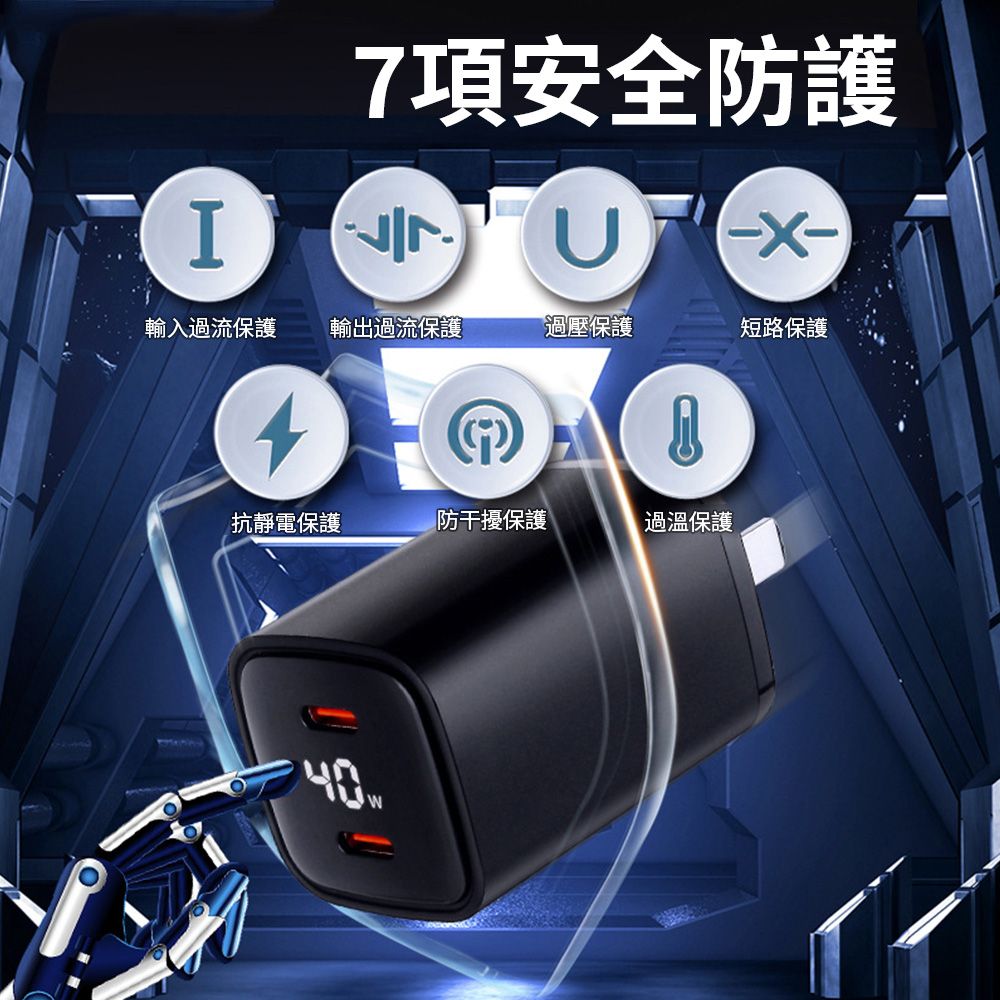 Sily Type-C數顯雙孔充電器 40WGaN氮化鎵充電頭 PD充電器 快充頭豆腐頭 支援iPhone16 pro/安卓手機 新年禮物