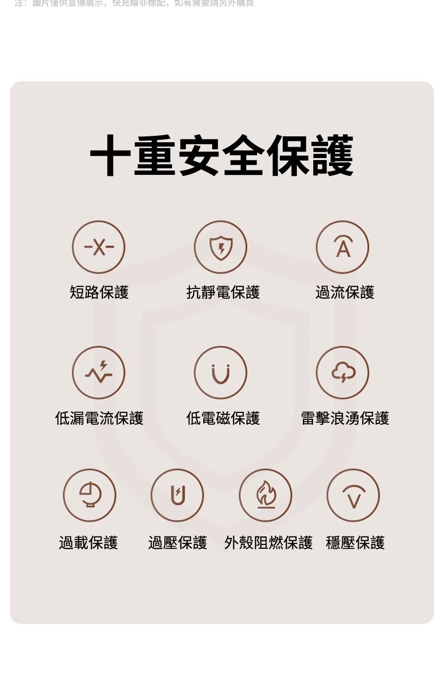 注:圖片僅供宣傳展示,快充線非標配,如有需要請另外購十重安全保護短路保護抗靜電保護過流保護低漏電流保護低電磁保護雷擊浪湧保護過載保護 過壓保護 外殼阻燃保護 穩壓保護