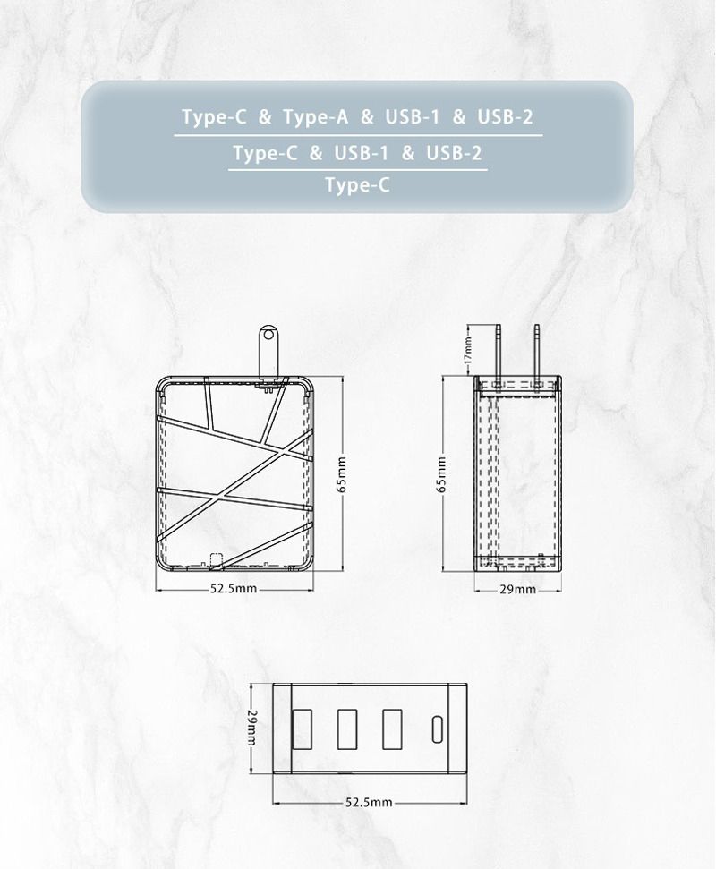 Type-C & Type-A & USB-1 & USB-2Type-C & USB-1 & USB-2Type-C-52.5mm29mm-52.5mm-29mm