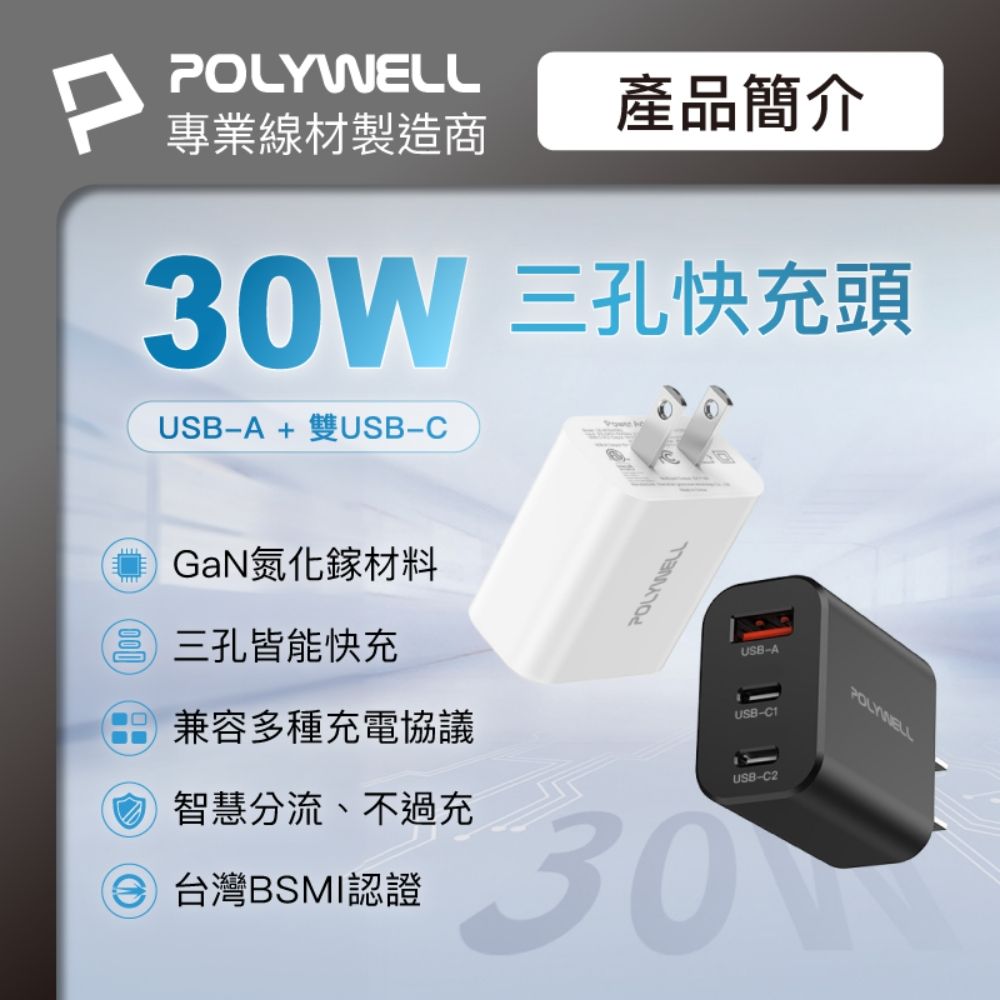 P專業線材製造商產品簡介30W 三孔快充頭USBA+ 雙USB-CGaN氮化鎵材料三孔皆能快充(兼容多種充電協議智慧分流、不過充 台灣BSMI認證USB-AUSB-C1USB-C2POLYWELL