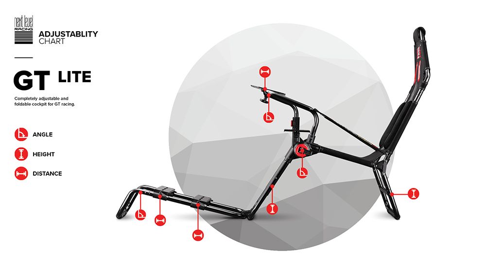 ADJUSTABLITYCARTGT LITECompletely adjustable andfoldable cockpit for GT racingANGLEIHEIGHTHDISTANCE