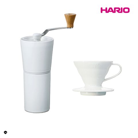 HARIO 【官方】 純白系列 V60 簡約磁石手搖磨豆機-白色 + V60白色01磁石濾杯