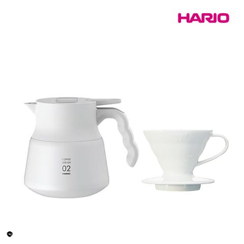 HARIO 純白系列 V60白色01磁石濾杯 + V60不鏽鋼保溫咖啡壺白PLUS 600