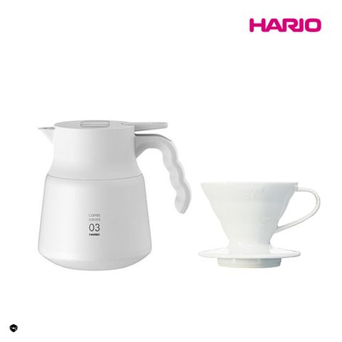 HARIO 純白系列 V60白色01磁石濾杯 + V60不鏽鋼保溫咖啡壺白PLUS 800