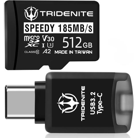 TRIDENITE SPEEDY MicroSD 512GB超頻記憶卡(DDR-200)搭配原廠USB 3.2 Type-A讀卡機