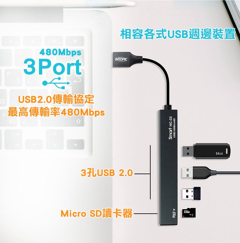 INTOPIC 廣鼎   USB2.0&MicroSD 鋁合金集線器(HC-33)