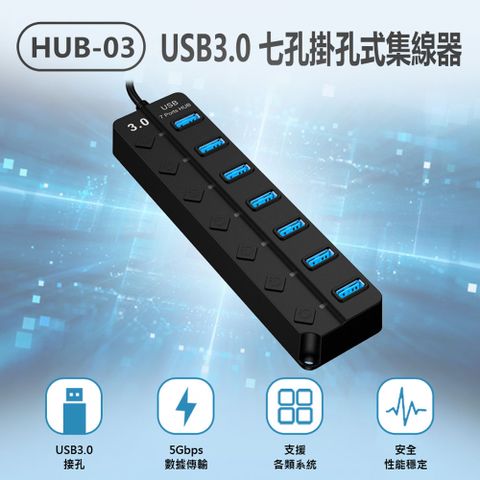 HUB-03 USB3.0 七孔掛孔式集線器 7孔+獨立開關 5Gbps傳輸 MAC/微軟通用