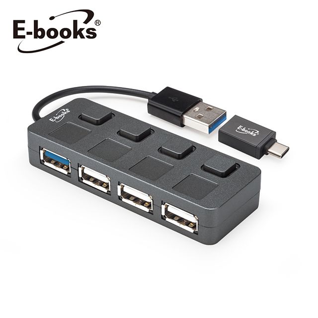 E-books  H16 USB3.2獨立開關四孔HUB贈Type C接頭