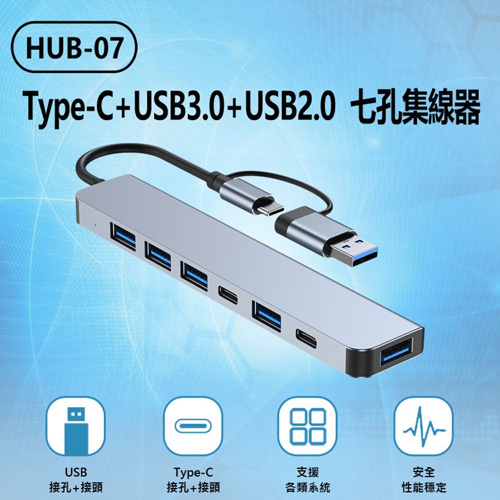  HUB-07 Type-C+USB3.0+USB2.0 七孔集線器 供電傳輸 七合一轉接分線器