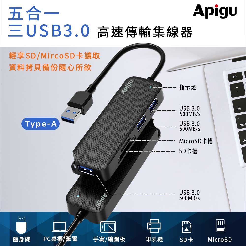 Apigu 谷德 Type-A HUB   轉USB3.0x3孔+SD/Micro SD卡  五合一多功能高速傳輸集線器
