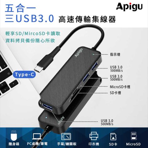 【Apigu谷德】 Type-C HUB 轉USB3.0x3孔+SD/Micro SD卡 五合一多功能高速傳輸集線器