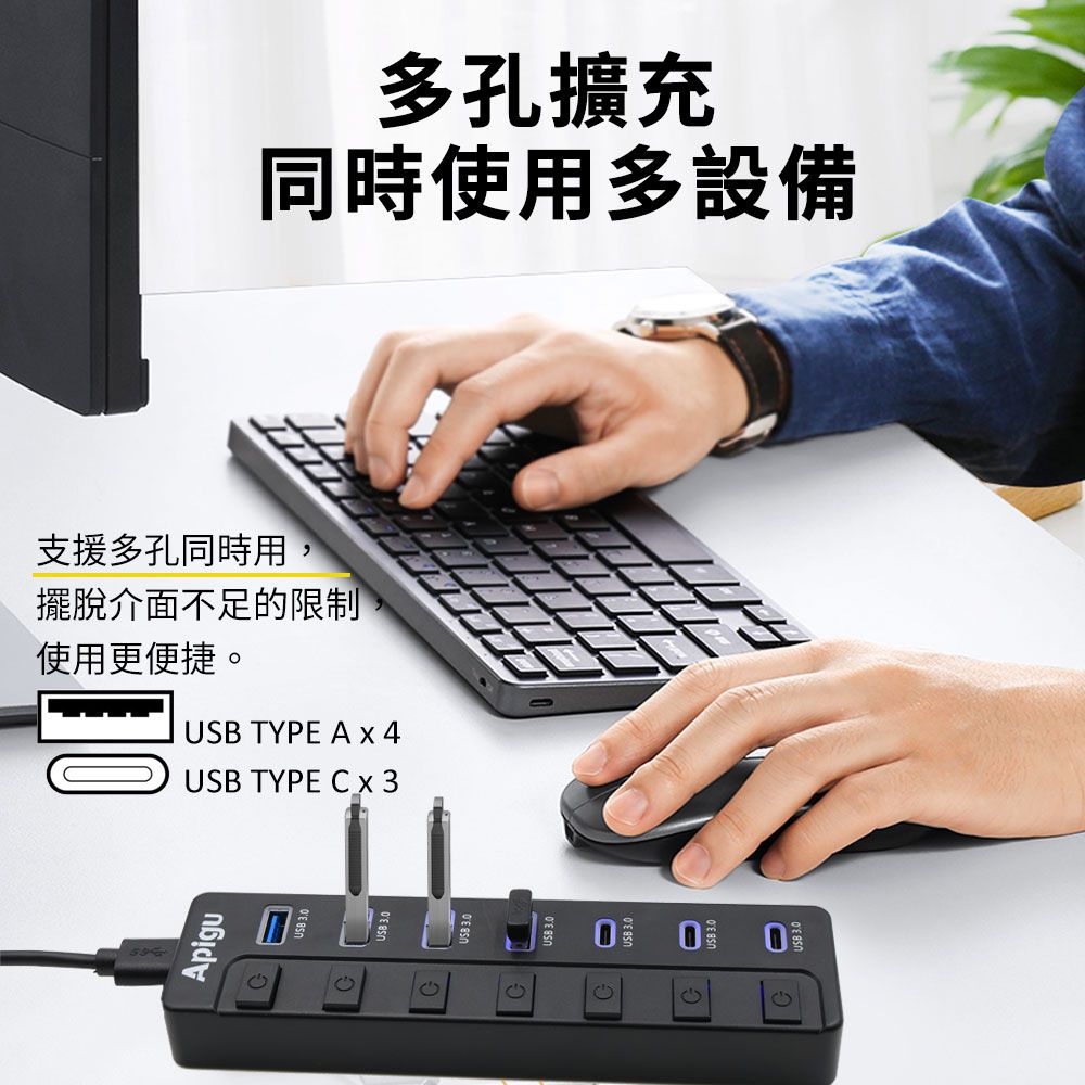 Apigu 谷德 USB3.0 HUB 7孔獨立開關LED燈顯示集線器TYPE A+ TYPE C  送typeA+typeC兩線 送USB供電電源線