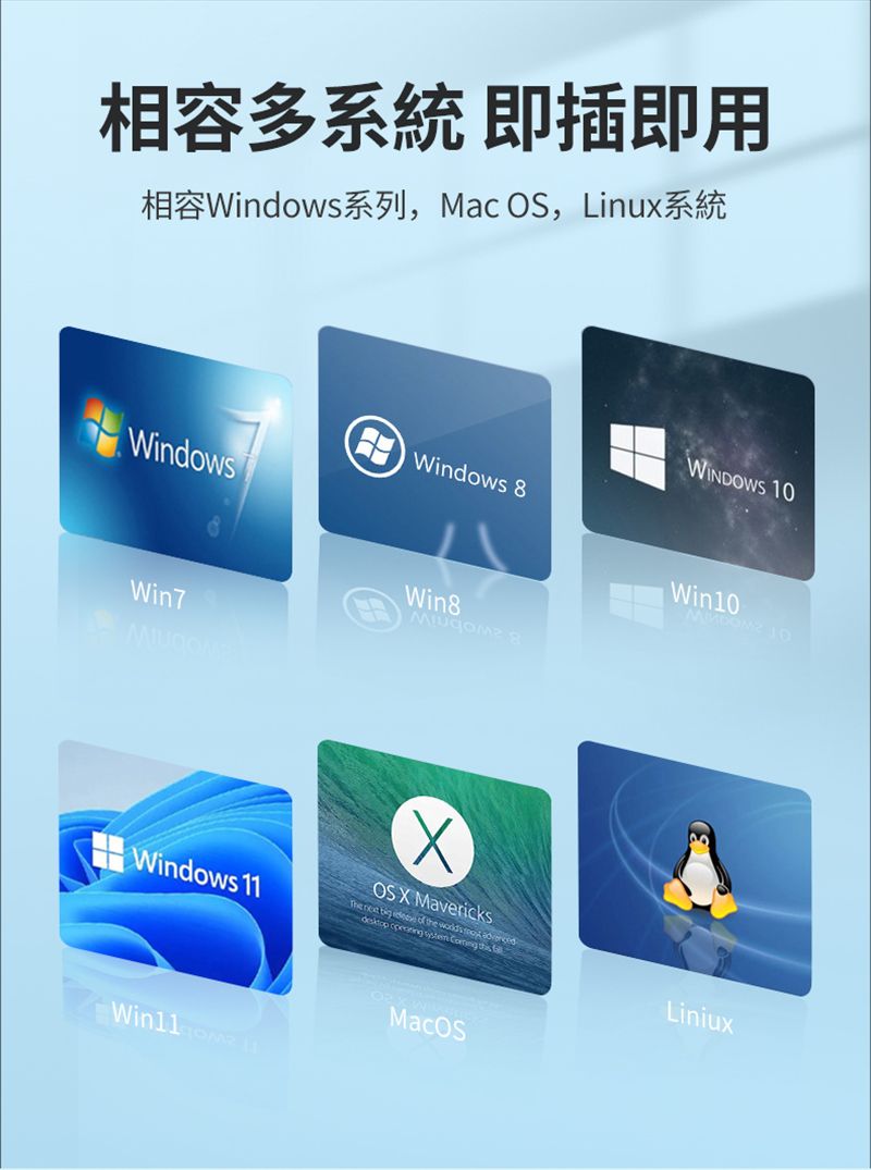 相容多系統即插即用相容Windows系列,Mac , Linux系統WindowsWindows 8Win8Win7Windows 11OS X Mavericks    of the   desktop    MacOSWINDOWS Win10 10Liniux