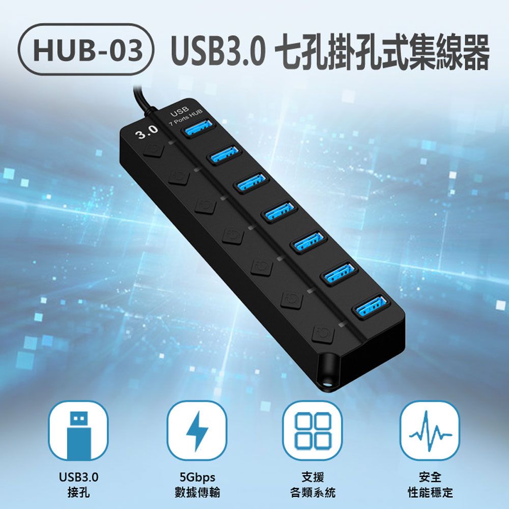  HUB-03 USB3.0 七孔掛孔式集線器 7孔+獨立開關 5Gbps傳輸 MAC/微軟通用