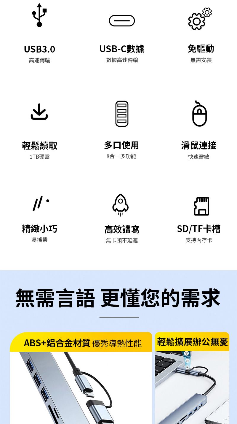 USB3.0USB-C數據免驅動高速傳輸數據高速傳輸無需安裝輕鬆讀取多口使用滑鼠連接1TB硬盤8合一多功能快速靈敏精緻小巧高效讀寫SD/TF卡槽易攜帶無卡頓不延遲支持内存卡無需言語更懂您的需求ABS+鋁合金材質優秀導熱性能輕鬆擴展辦公無憂
