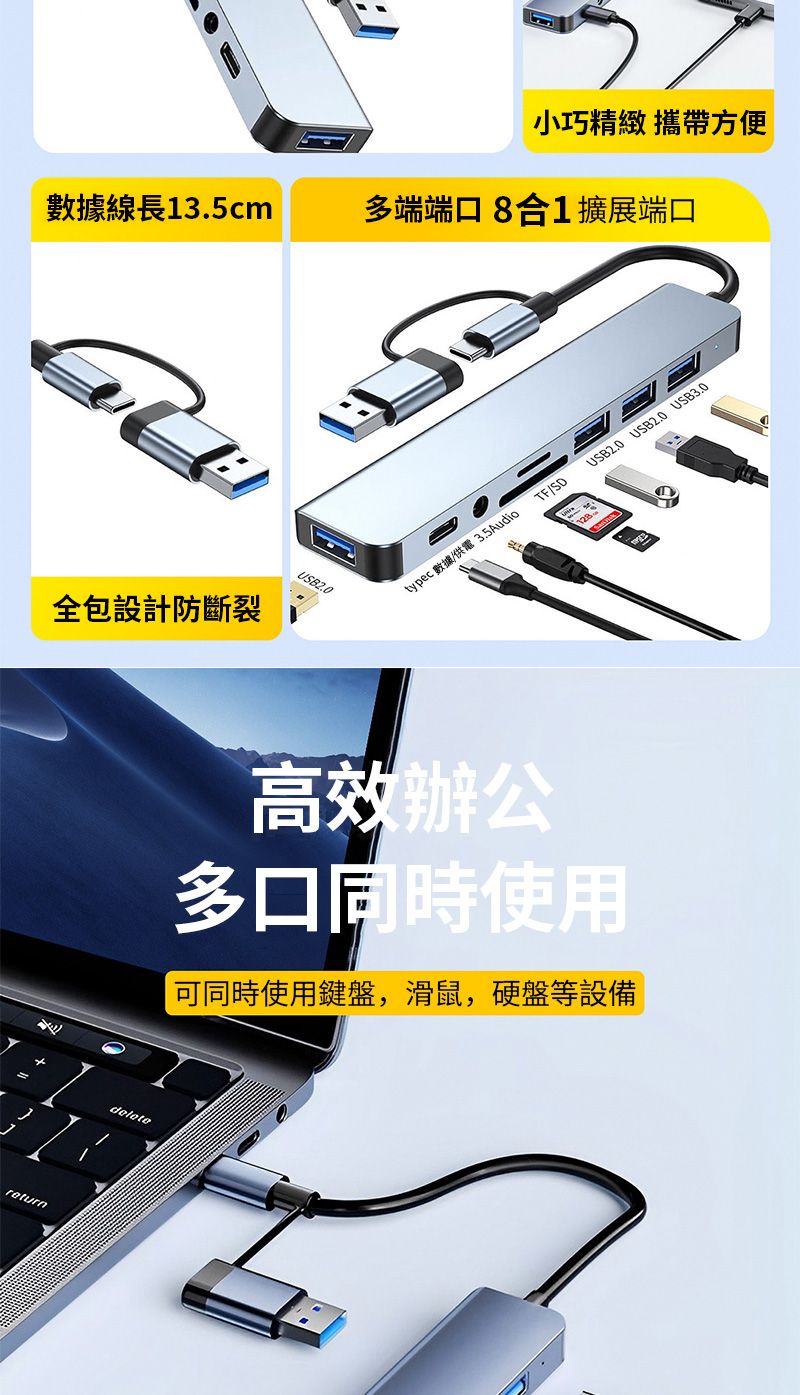 return小巧精緻 攜帶方便數據線長13.5cm多端端口8合1擴展端口USB2.0全包設計防斷裂typec 數據供電 3.5AudioTF/SDUSB2.0 USB2.0 USB3.0高效辦公多口同時使用可同時使用鍵盤,滑鼠,硬盤等設備