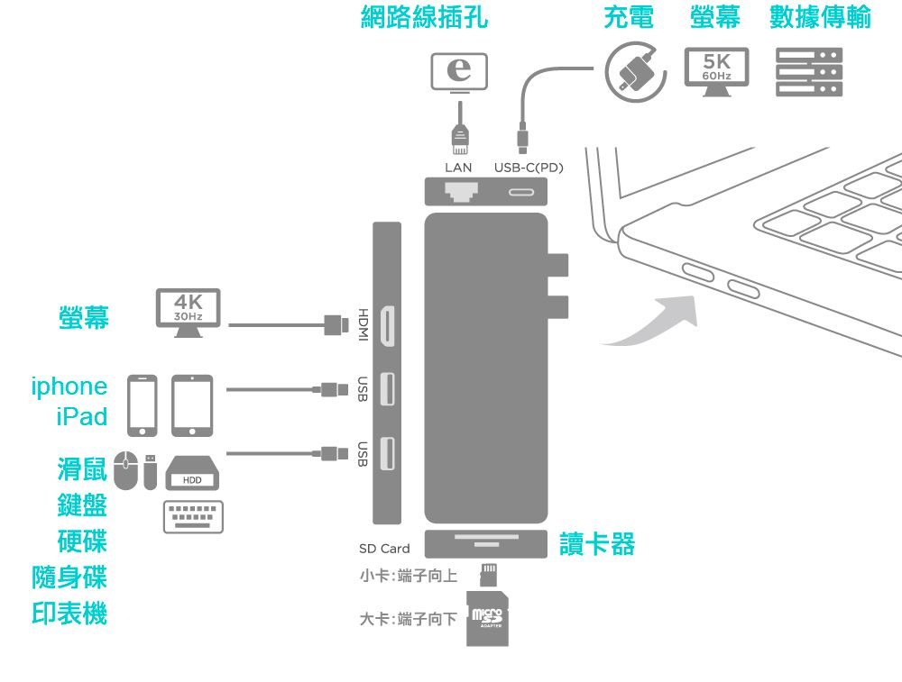 4KphoneiPad滑鼠i鍵盤硬碟隨身碟印表機HDD網路線插孔充電 螢幕 數據傳輸HDMISBeLANUSBC(PD)UUSB5K60HzSD Card-讀卡器小卡:端子向上大卡:端子向下