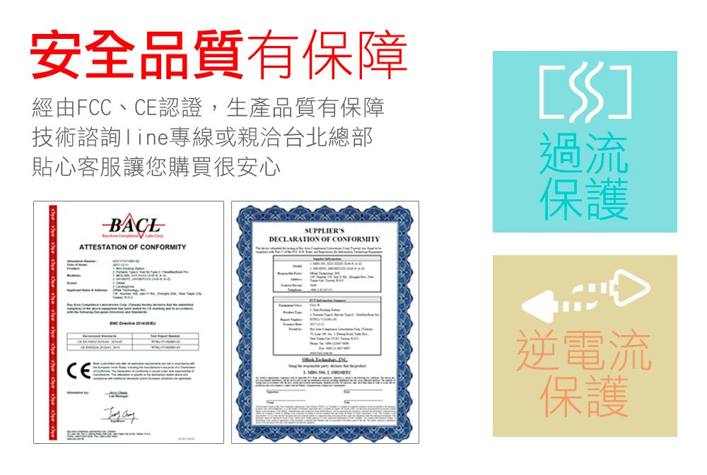 安全品質有保障經由FC、CE認證,生產品質有保障技術諮詢專線或親洽台北總部貼心客服讓您購買很安心   CATTESTATION OF CONFORMITYSUPPLIERSDECLARATION OF CONFORMITY [S]過流保護逆電流保護
