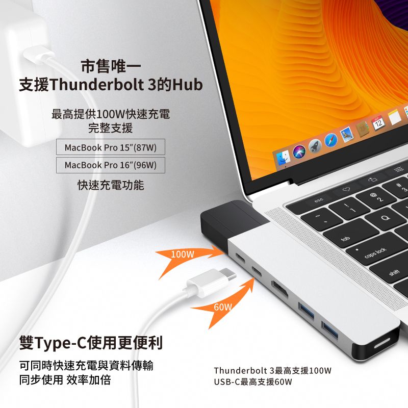 市售唯一支援Thunderbolt 3的Hub最高提供100W快速充電完整支援Macook Pro 15(87W)MacBook Pro 16(96W)快速充電功能雙TypeC使用更便利可同時快速充電與資料傳輸同步使用 效率加倍100W60W-Thunderbolt 3最高支援100wUSB-C最高支援60WBcaps lockshift12