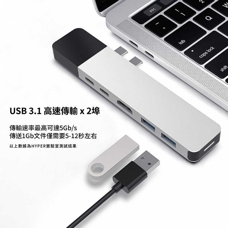 USB 3.1 高速傳輸埠傳輸速率最高可達5Gb/s傳送1Gb文件僅需要5-12秒左右以上數據為HYPER實驗室測試結果esctabcaps lockshiftQ
