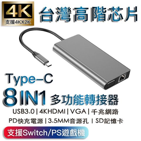 同時支援Switch原價$1990↘活動限時降Type-c八合一HDMI/VGA/PD/SD/3.5MM/USB3.0/網路多功能轉接器-支援Switch、PS、100W快充、4K高畫質、免安裝