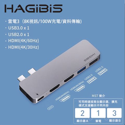HAGiBiS鋁合金Type-C三頻顯示5合1擴充器（双頭）+PD供電(DC6-DH)