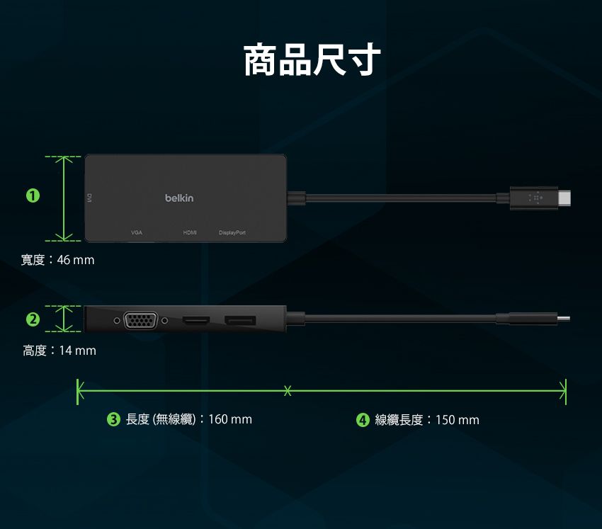 寬度46 mmот高度14mmbelkin商品尺寸D(無): 160mm長度:150mm