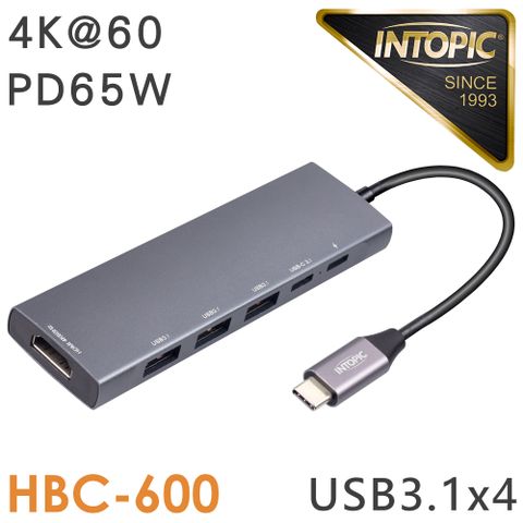 支援最高4K60 影像輸出INTOPIC 廣鼎 六合一Type-C多功能集線器(HBC-600)