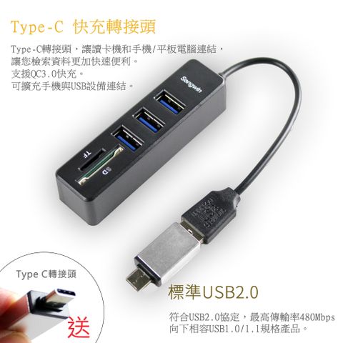(優質二入)多用途3埠USB HUB/讀卡機(SD/TF)/送TypeC快充轉接頭