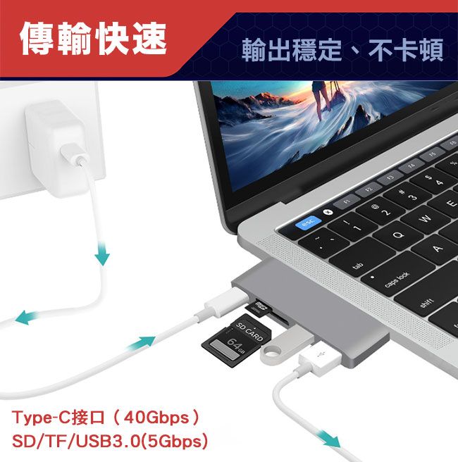 MAX+ 蘋果電腦擴充七合一單Type-c轉HDMI/USB3.0/讀卡機/PD快充 銀