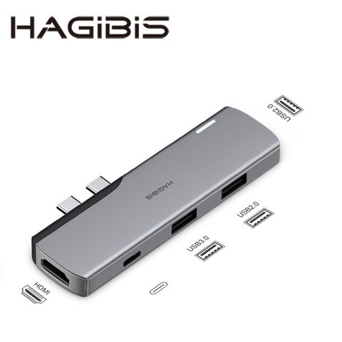 HAGiBiS 海備思 鋁合金雙頭5合1擴充器雷電3+HDMI+USB3.0*1+USB2.0*2(UC67)