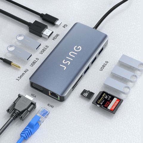 JSING UH12 十二合一Type-C HUB多功能轉接集線器(轉RJ45網路孔/USB埠/HDMI/PD快充/Micro SD/TF卡槽/3.5mm耳機孔)