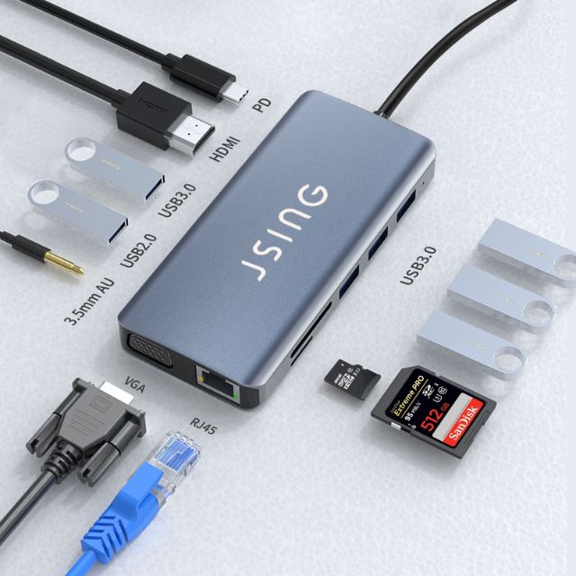  JSING UH12 十二合一Type-C HUB多功能轉接集線器(轉RJ45網路孔/USB埠/HDMI/PD快充/Micro SD/TF卡槽/3.5mm耳機孔)