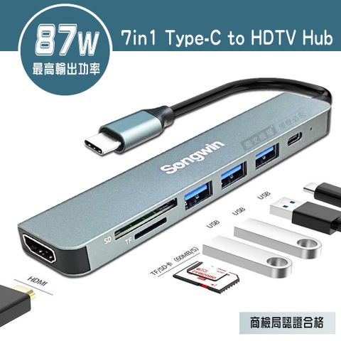 Songwin 7in1多功能集線器Type-C to HDMI HUB4K傳輸轉接器 蘋果筆電轉接頭 PD快充/USB3.0