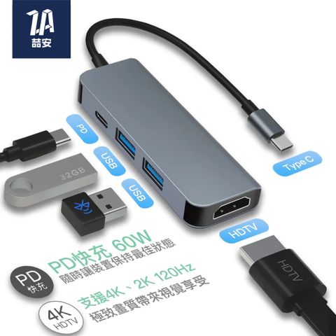 ZA 喆安 4合1 Type-C HUB轉接集線器 支援Type-C to HDMI投影/PD快速充電/3.2 Gen1資料傳輸