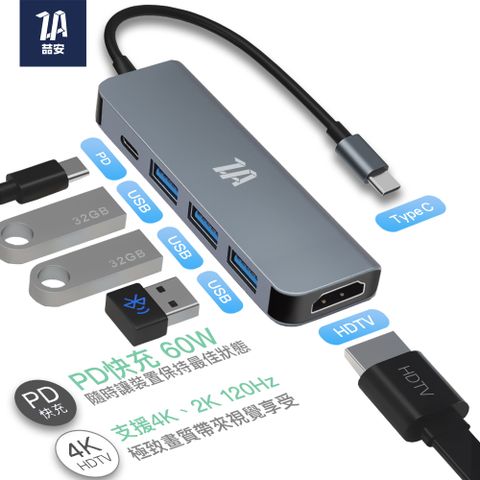 【ZA喆安】USB 3.1 Type C 5合1 USB-C 多功能集線器 4K UHD HDTV PD USB-A 5Gbps 傳輸擴充轉接集線器