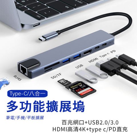 Sily Type-C HUB 八合一多功能擴展塢 USB3.0/2.0集線器 PD快充 RJ45百兆網卡 HDMI