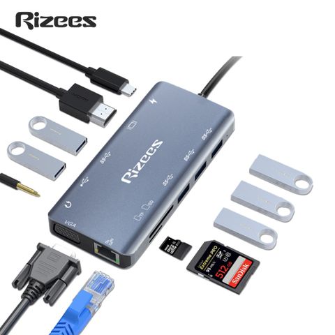 Rizees RH12 十二合一Type-C HUB轉接集線器(轉RJ45網路孔/HDMI埠/VGA/Micro SD/TF卡槽/耳機孔12合1)