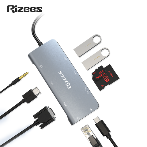 Rizees RH9 九合一Type-C HUB多功能轉接集線器(轉RJ45網路孔 USB 3.0 HDMI VGA Micro SD/TF卡槽)