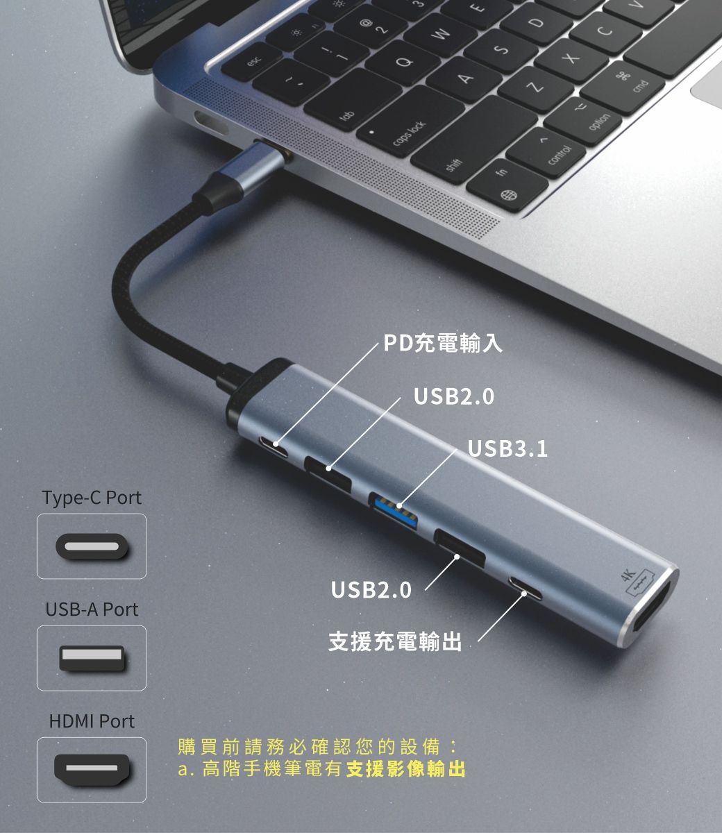 Type-C Portesc#QScaps lockshiftP充電輸入USB2.0USB- PortUSB2.0支援充電輸出HDMI Port購買前請務必確認您的設備:a. 高階手機筆電有支援影像輸出USB3.DA1control4K